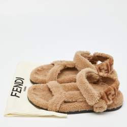 Fendi Brown Shearling Fur Ankle Strap Flat Sandals Size 40