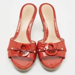 Pre Owned Fendi Red Patent Leather Logo Slide Sandals Size 37.5