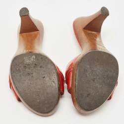 Pre Owned Fendi Red Patent Leather Logo Slide Sandals Size 37.5