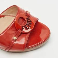 Pre Owned Fendi Red Patent Leather Logo Slide Sandals Size 37.5