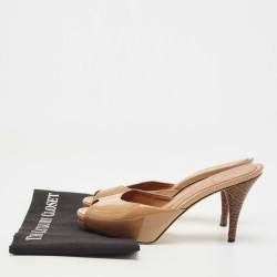 Pre Owned Fendi Brown Patent Leather Zucca Print Heel Peep Toe Slide Sandals Size 39.5