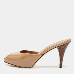 Pre Owned Fendi Brown Patent Leather Zucca Print Heel Peep Toe Slide Sandals Size 39.5