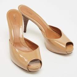 Pre Owned Fendi Brown Patent Leather Zucca Print Heel Peep Toe Slide Sandals Size 39.5