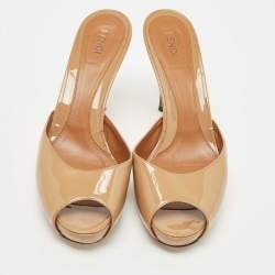 Pre Owned Fendi Brown Patent Leather Zucca Print Heel Peep Toe Slide Sandals Size 39.5