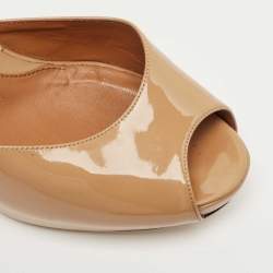 Pre Owned Fendi Brown Patent Leather Zucca Print Heel Peep Toe Slide Sandals Size 39.5