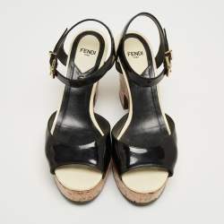 Fendi Black Patent Wedge Platform Sandals Size 37.5