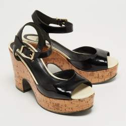 Fendi Black Patent Wedge Platform Sandals Size 37.5