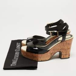 Fendi Black Patent Wedge Platform Sandals Size 37.5