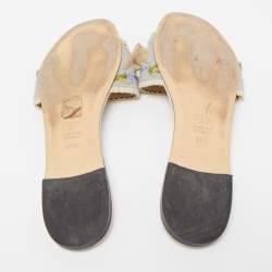 Pre Owned Fendi Cream Flower Embroidered Bow Embellished Flat Slides Size 39.5