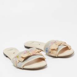 Pre Owned Fendi Cream Flower Embroidered Bow Embellished Flat Slides Size 39.5