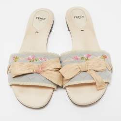 Pre Owned Fendi Cream Flower Embroidered Bow Embellished Flat Slides Size 39.5