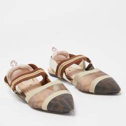 Pre Owned Fendi Brown Zucca Mesh and Leather Colibri Slingback Flats Size 37