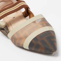 Pre Owned Fendi Brown Zucca Mesh and Leather Colibri Slingback Flats Size 37