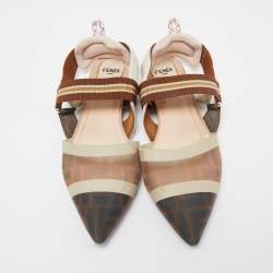 Pre Owned Fendi Brown Zucca Mesh and Leather Colibri Slingback Flats Size 37