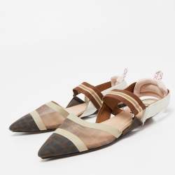 Pre Owned Fendi Brown Zucca Mesh and Leather Colibri Slingback Flats Size 37