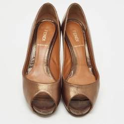 Pre Owned Fendi Metallic Brown Leather Zucca Heel Peep Toe Pumps Size 36