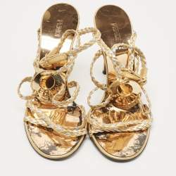 مملوكة مسبقًا Fendi Gold/Silver Braided Leather Ankle Strap Sandals Size 38