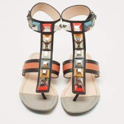 Pre Owned Fendi Multicolor Lizard Embossed and Leather Studded Ankle Cuff Flat Sandals Size 36