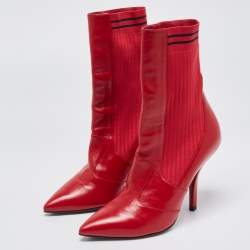 مملوكة مسبقًا Fendi Red Leather and Knit Fabric Rockoko Boots Size 37
