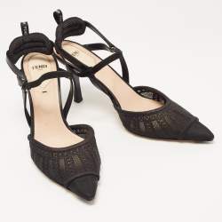 Pre Owned Fendi Black Lace and Leather Colibri Slingback Pumps Size 39.5