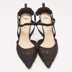 Pre Owned Fendi Black Lace and Leather Colibri Slingback Pumps Size 39.5