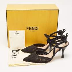Pre Owned Fendi Black Lace and Leather Colibri Slingback Pumps Size 39.5
