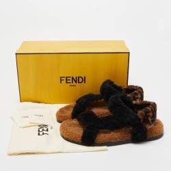 Pre Owned Fendi Brown/Black Shearling Fur Ankle Strap Flat Sandals Size 39