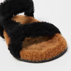 Pre Owned Fendi Brown/Black Shearling Fur Ankle Strap Flat Sandals Size 39