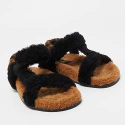 Pre Owned Fendi Brown/Black Shearling Fur Ankle Strap Flat Sandals Size 39