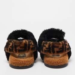 Pre Owned Fendi Brown/Black Shearling Fur Ankle Strap Flat Sandals Size 39