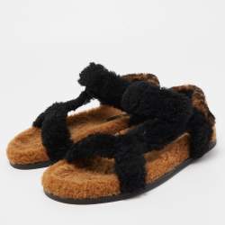 Pre Owned Fendi Brown/Black Shearling Fur Ankle Strap Flat Sandals Size 39