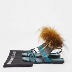 Pre Owned Fendi Tricolor Leather and Fur Monster Eye Ankle Strap Flat Sandals Size 35