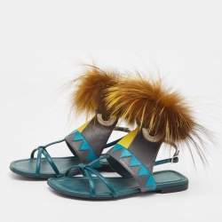 Pre Owned Fendi Tricolor Leather and Fur Monster Eye Ankle Strap Flat Sandals Size 35