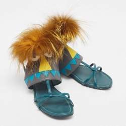 Pre Owned Fendi Tricolor Leather and Fur Monster Eye Ankle Strap Flat Sandals Size 35