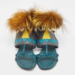 Pre Owned Fendi Tricolor Leather and Fur Monster Eye Ankle Strap Flat Sandals Size 35