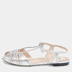 Pre Owned Fendi Metallic Silver Foil Leather Chameleon Ankle Strap Flat Sandals Size 36