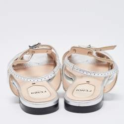 Pre Owned Fendi Metallic Silver Foil Leather Chameleon Ankle Strap Flat Sandals Size 36