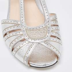 Pre Owned Fendi Metallic Silver Foil Leather Chameleon Ankle Strap Flat Sandals Size 36