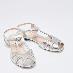 Pre Owned Fendi Metallic Silver Foil Leather Chameleon Ankle Strap Flat Sandals Size 36