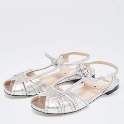 Pre Owned Fendi Metallic Silver Foil Leather Chameleon Ankle Strap Flat Sandals Size 36