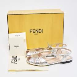 Pre Owned Fendi Metallic Silver Foil Leather Chameleon Ankle Strap Flat Sandals Size 36