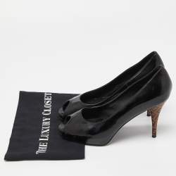 Fendi Black Patent Leather FF Heel Peep Toe Pumps Size 38