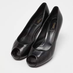 Fendi Black Patent Leather FF Heel Peep Toe Pumps Size 38