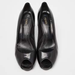 Fendi Black Patent Leather FF Heel Peep Toe Pumps Size 38