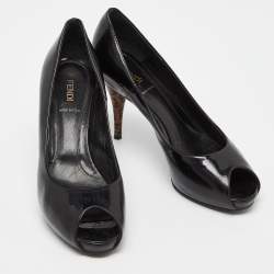 Fendi Black Patent Leather FF Heel Peep Toe Pumps Size 38