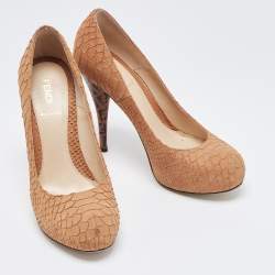 Pre Owned Fendi Light Brown Embossed Python FF Heel Platform Pumps Size 38
