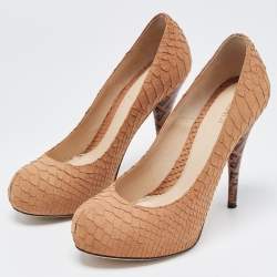 Pre Owned Fendi Light Brown Embossed Python FF Heel Platform Pumps Size 38