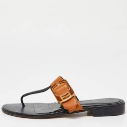 Pre Owned Fendi Brown/Black Leather Buckle Thong Slide Flats Size 35