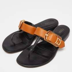Pre Owned Fendi Brown/Black Leather Buckle Thong Slide Flats Size 35