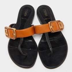 Pre Owned Fendi Brown/Black Leather Buckle Thong Slide Flats Size 35